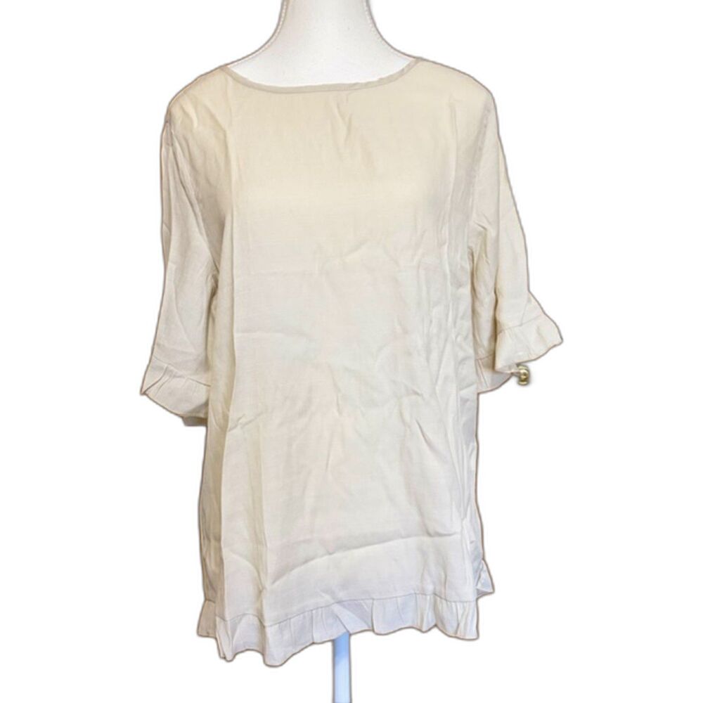 SHEIN Womens Cream Ruffle Trim Scoop Neck Short Sleeve Blouse Size XL